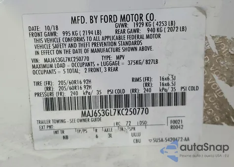 2019 Ford Ecosport Se z USA, uszkodzony, nr VIN MAJ6S3GL7KC250770